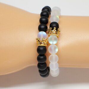 Bland and White Beaded Bracelets Set of 2